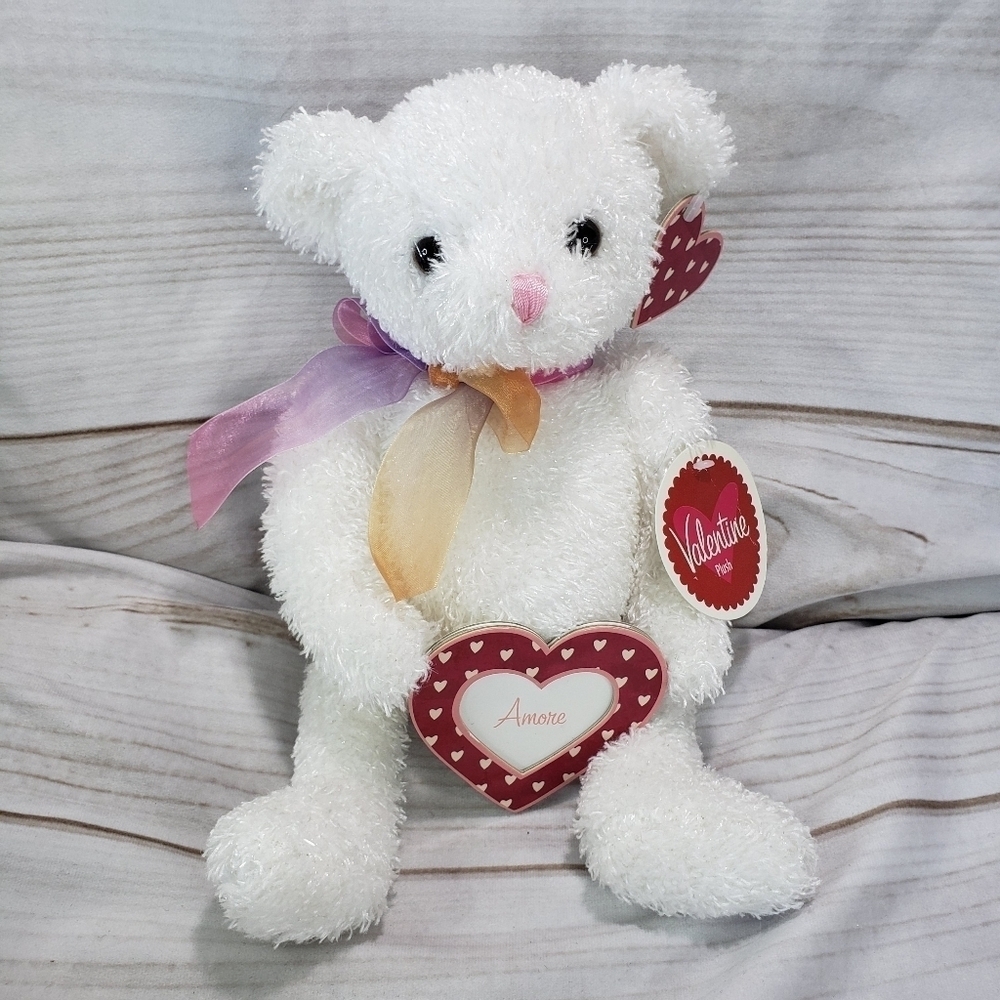 Commonwealth Shimmery White Teddy Bear Plush Toy 12 Inch 2001 Sheer Rainbow Bow